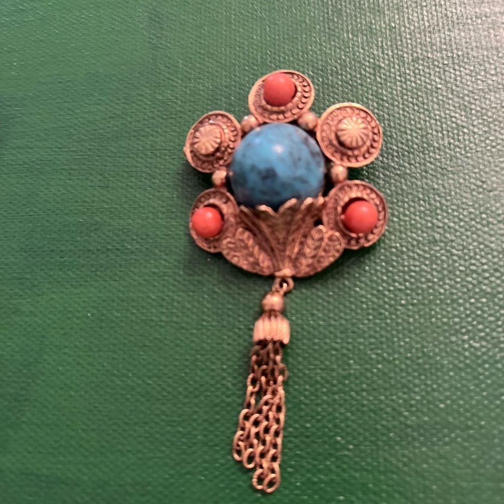 UNIQUE BRASS, CORAL, TURQUOISE VINTAGE BROOCH